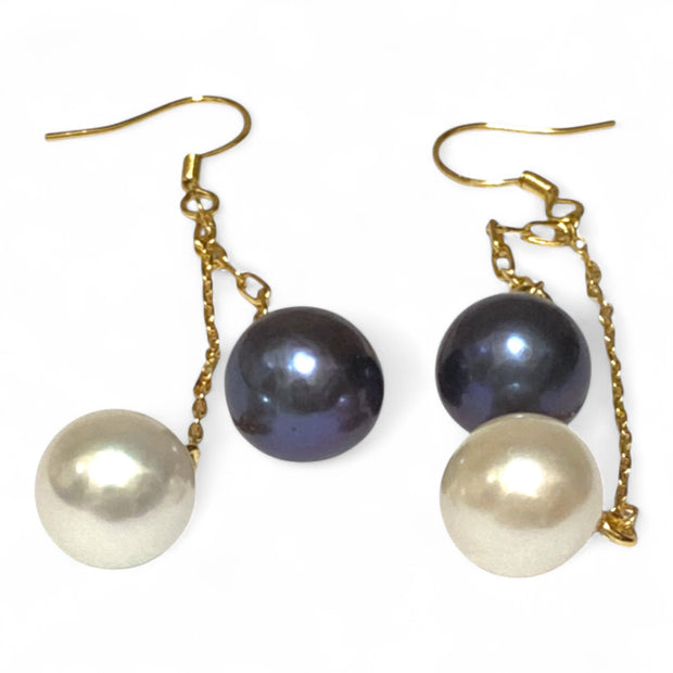 10- 10.5mm 5A Luster White Black Round Edison 2 Pearls Dangle Earrings