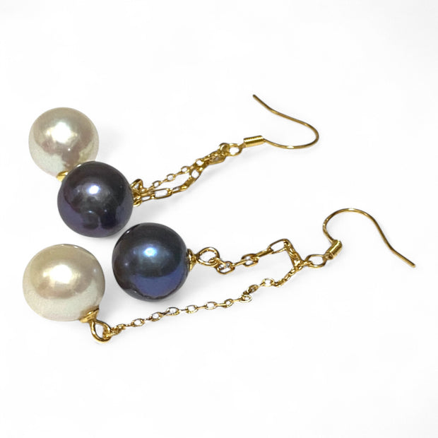 10- 10.5mm 5A Luster White Black Round Edison 2 Pearls Dangle Earrings