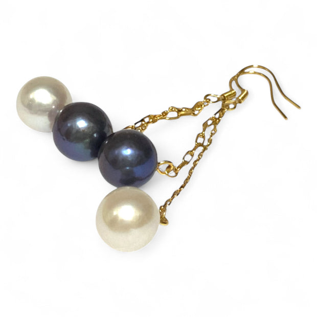 10- 10.5mm 5A Luster White Black Round Edison 2 Pearls Dangle Earrings