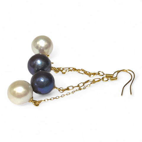 10- 10.5mm 5A Luster White Black Round Edison 2 Pearls Dangle Earrings