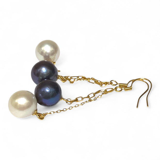 10- 10.5mm 5A Luster White Black Round Edison 2 Pearls Dangle Earrings