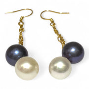 10- 10.5mm 5A Luster White Black Round Edison 2 Pearls Dangle Earrings