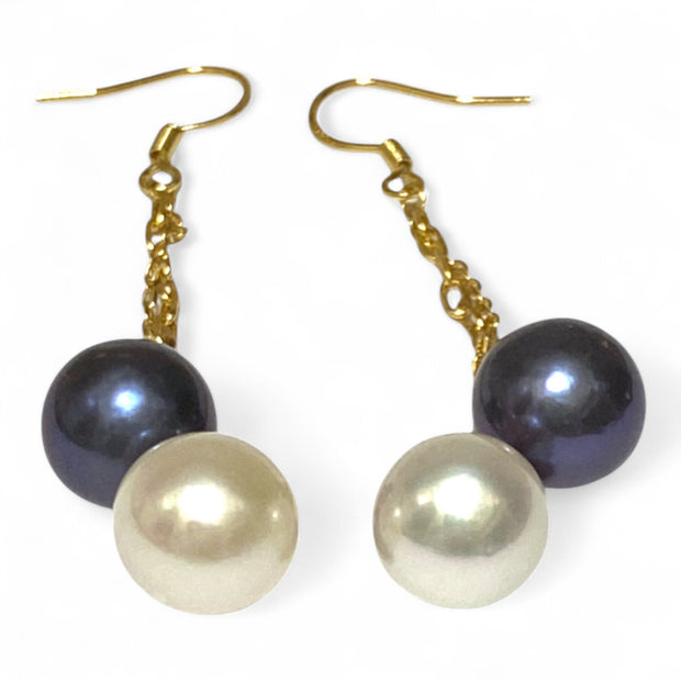 10- 10.5mm 5A Luster White Black Round Edison 2 Pearls Dangle Earrings