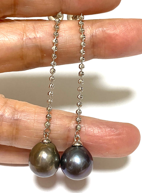 Unique 11.2mm Purple Black Blue Edison Round Pearl Dangle Earrings