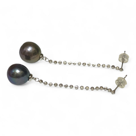 Unique 11.2mm Purple Black Blue Edison Round Pearl Dangle Earrings
