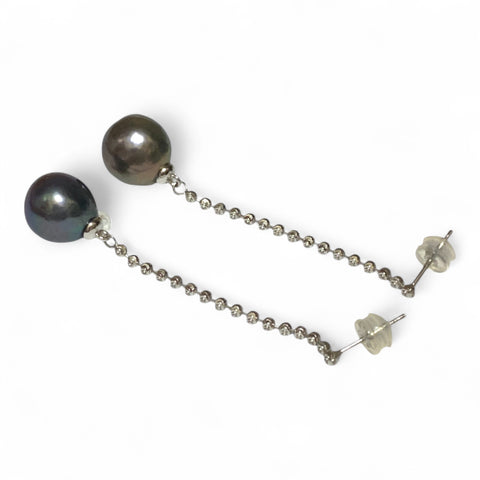 Unique 11.2mm Purple Black Blue Edison Round Pearl Dangle Earrings