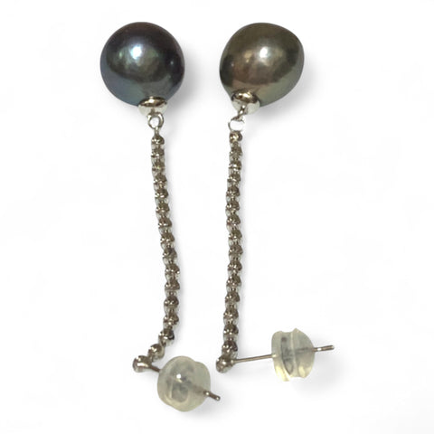 Unique 11.2mm Purple Black Blue Edison Round Pearl Dangle Earrings