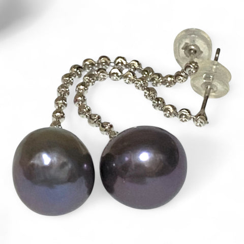 Unique 11.2mm Purple Black Blue Edison Round Pearl Dangle Earrings