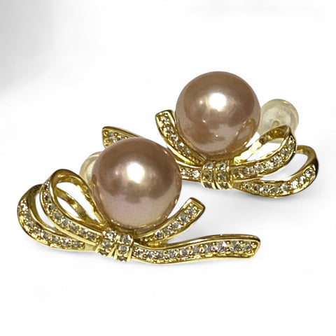 Stunning 9.5-10mm Peach Gold Pink Color Round Edison Pearl Earrings