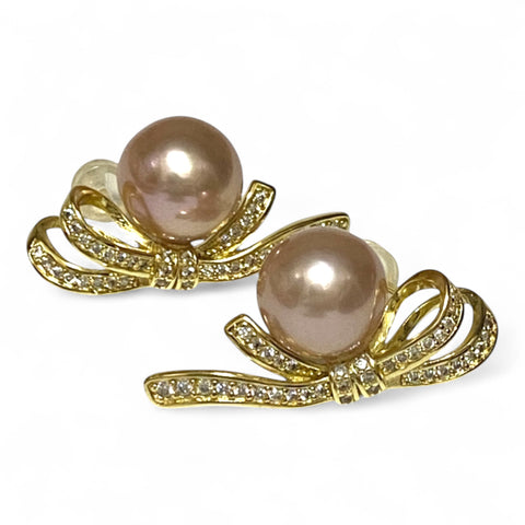 Stunning 9.5-10mm Peach Gold Pink Color Round Edison Pearl Earrings