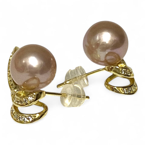Stunning 9.5-10mm Peach Gold Pink Color Round Edison Pearl Earrings