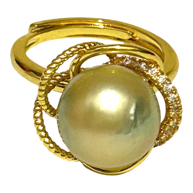 Unique Flower 11.7mm Gold South Sea Round Pearl Ring Size 6.5
