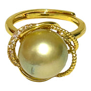 Unique Flower 11.7mm Gold South Sea Round Pearl Ring Size 6.5