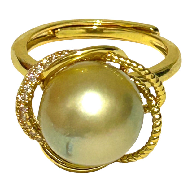 Unique Flower 11.7mm Gold South Sea Round Pearl Ring Size 6.5