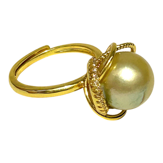 Unique Flower 11.7mm Gold South Sea Round Pearl Ring Size 6.5