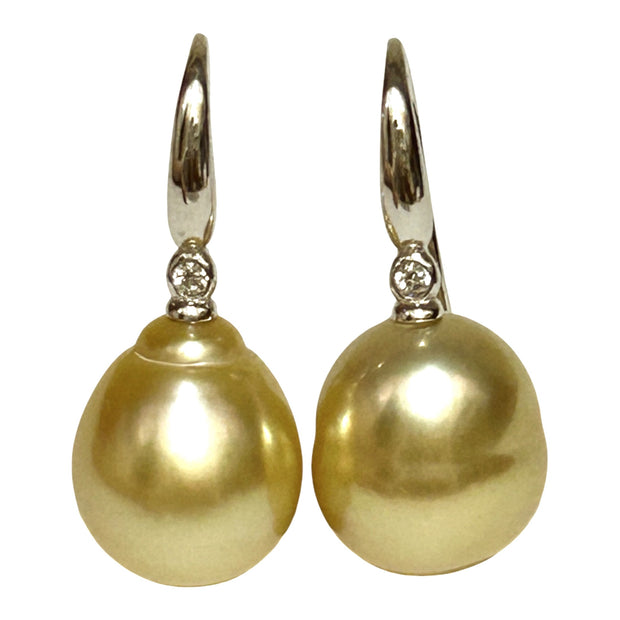 Oval Drop 11.6 x 12.9mm Golden South Sea Pearl Dangle Earrings