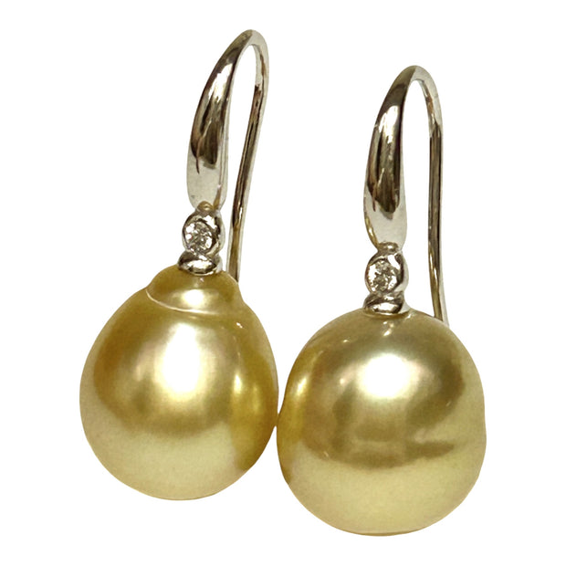 Oval Drop 11.6 x 12.9mm Golden South Sea Pearl Dangle Earrings