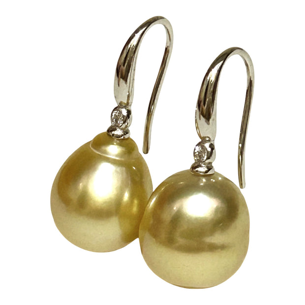 Oval Drop 11.6 x 12.9mm Golden South Sea Pearl Dangle Earrings