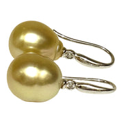 Oval Drop 11.6 x 12.9mm Golden South Sea Pearl Dangle Earrings