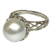 Round 12.4mm Natural Silver White Blue South Sea Round Pearl Ring Size8