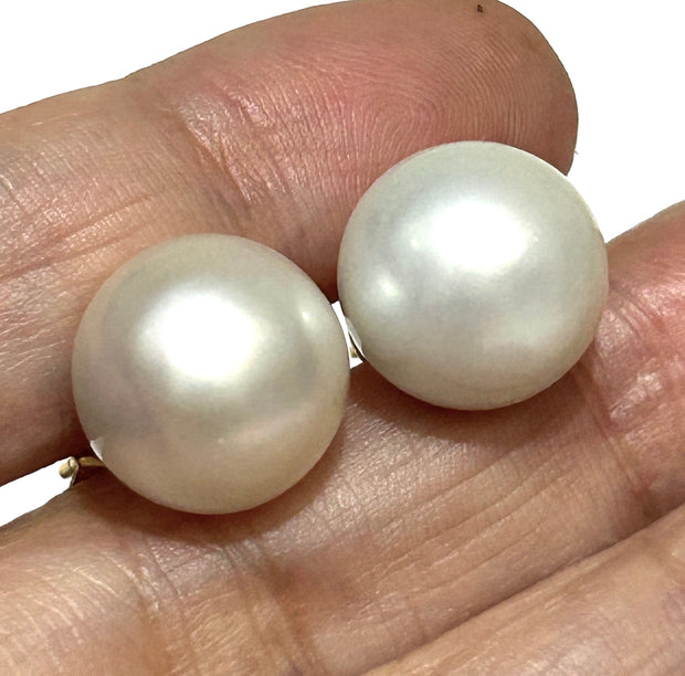 Round 12.6mm Silver White Indonesia South Sea Pearl Stud Earrings