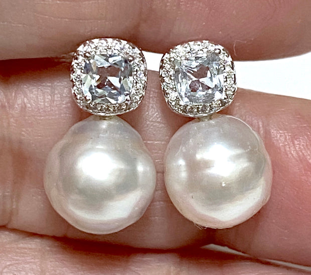 Oval Baroque 9 × 9.3mm Silver White Indonesia South Sea Pearl Earrings