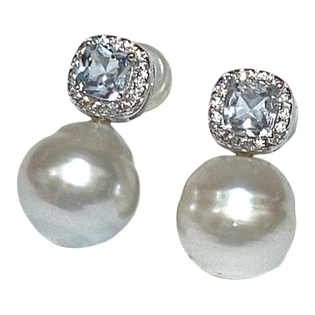 Oval Baroque 9 × 9.3mm Silver White Indonesia South Sea Pearl Earrings