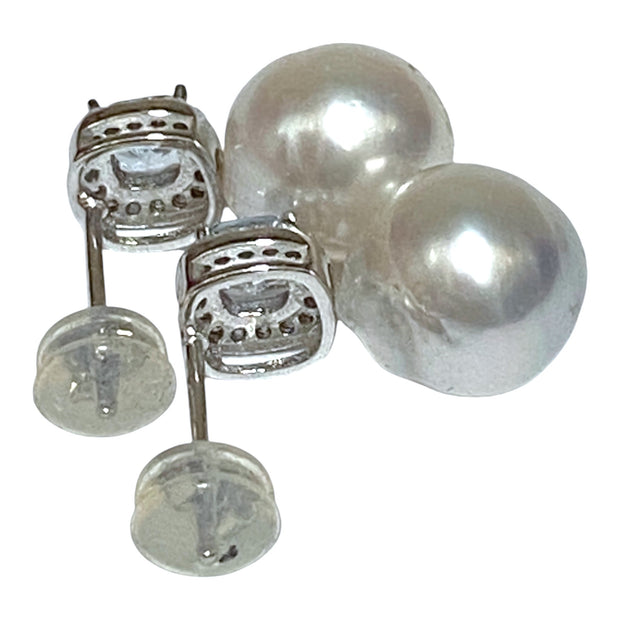 Oval Baroque 9 × 9.3mm Silver White Indonesia South Sea Pearl Earrings