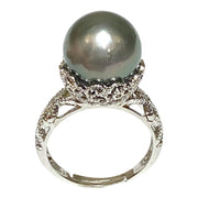 Solitaire Ring With Black Green 12.6 Round Tahitian Pearl Size 8