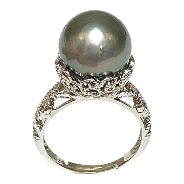 Solitaire Ring With Black Green 12.6 Round Tahitian Pearl Size 8
