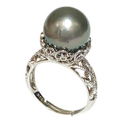 Solitaire Ring With Black Green 12.6 Round Tahitian Pearl Size 8