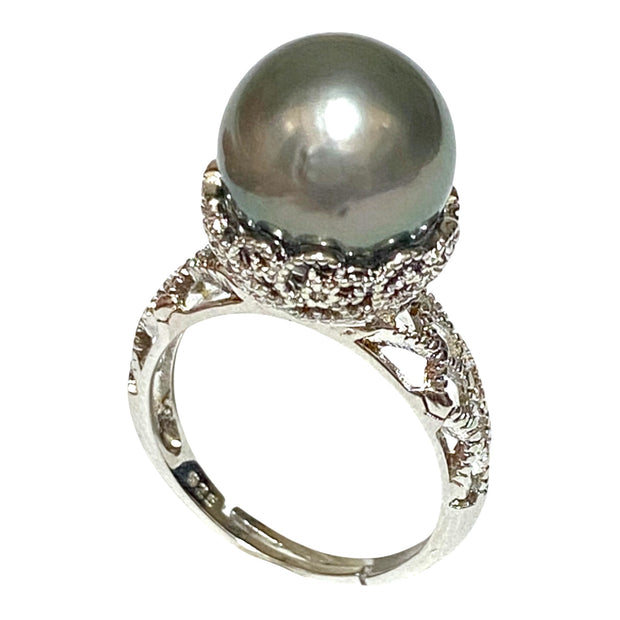 Solitaire Ring With Black Green 12.6 Round Tahitian Pearl Size 8