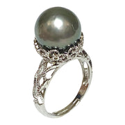 Solitaire Ring With Black Green 12.6 Round Tahitian Pearl Size 8