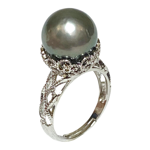 Solitaire Ring With Black Green 12.6 Round Tahitian Pearl Size 8