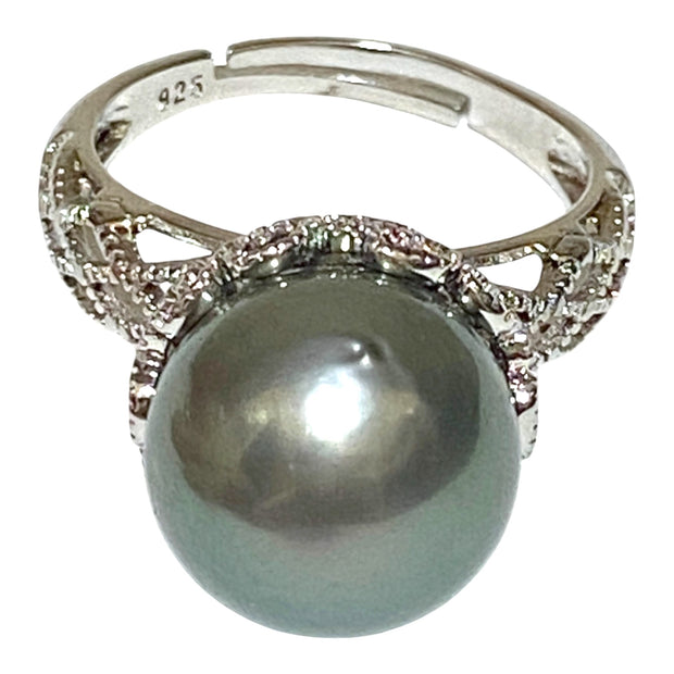 Solitaire Ring With Black Green 12.6 Round Tahitian Pearl Size 8