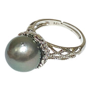 Solitaire Ring With Black Green 12.6 Round Tahitian Pearl Size 8