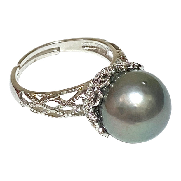 Solitaire Ring With Black Green 12.6 Round Tahitian Pearl Size 8