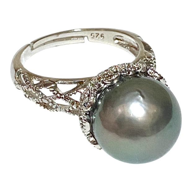 Solitaire Ring With Black Green 12.6 Round Tahitian Pearl Size 8