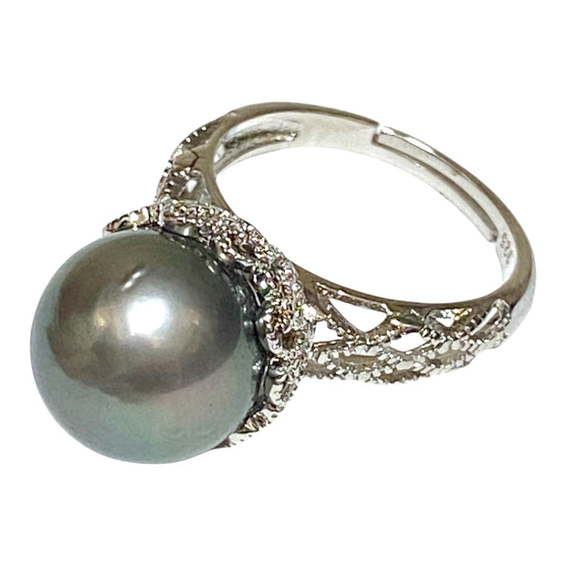Solitaire Ring With Black Green 12.6 Round Tahitian Pearl Size 8