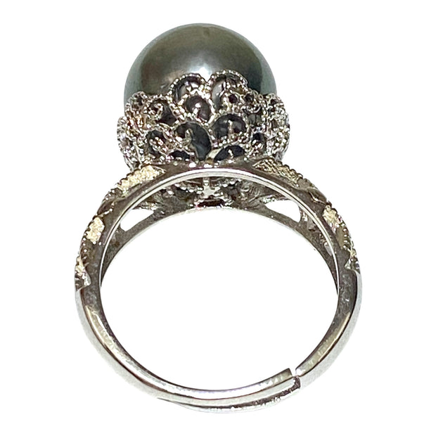 Solitaire Ring With Black Green 12.6 Round Tahitian Pearl Size 8