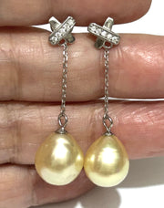 Oval 10.2 x 11.5mm Pale Gold South Sea Pearl Dangle Earrings