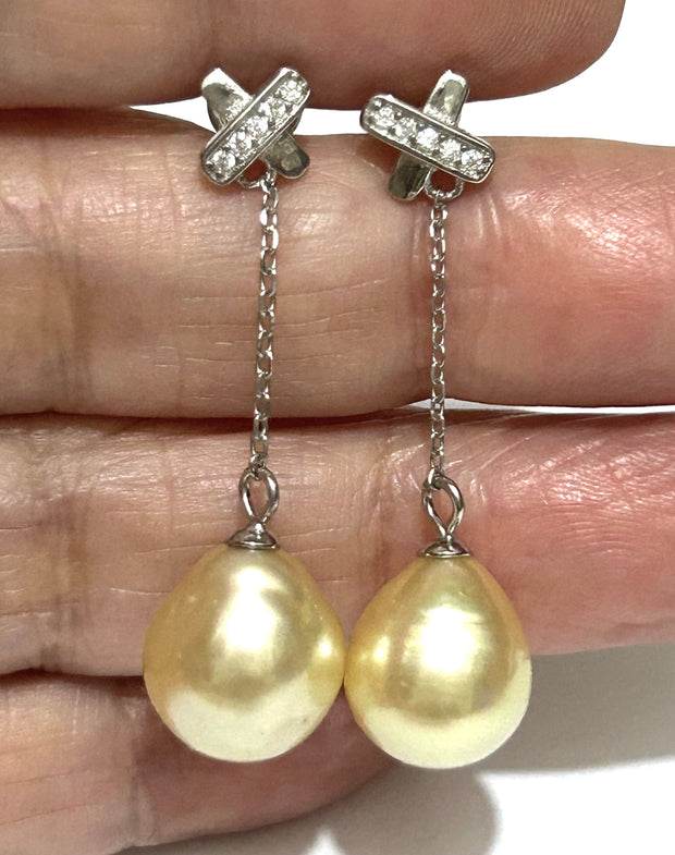 Oval 10.2 x 11.5mm Pale Gold South Sea Pearl Dangle Earrings