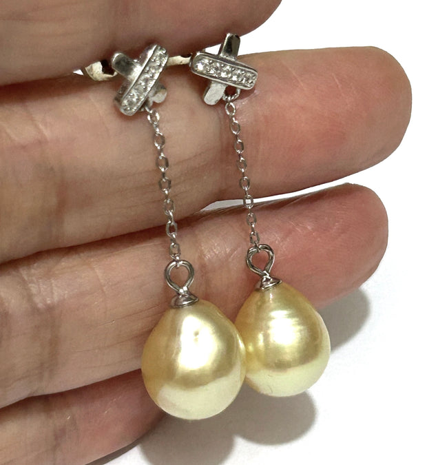 Oval 10.2 x 11.5mm Pale Gold South Sea Pearl Dangle Earrings