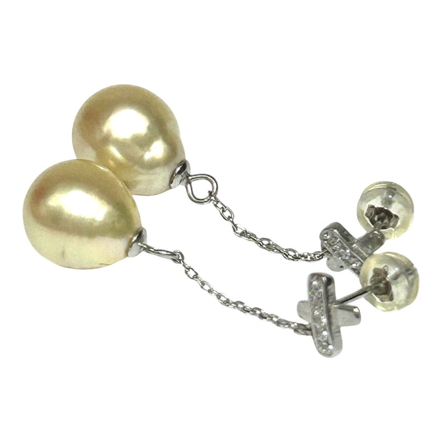 Oval 10.2 x 11.5mm Pale Gold South Sea Pearl Dangle Earrings