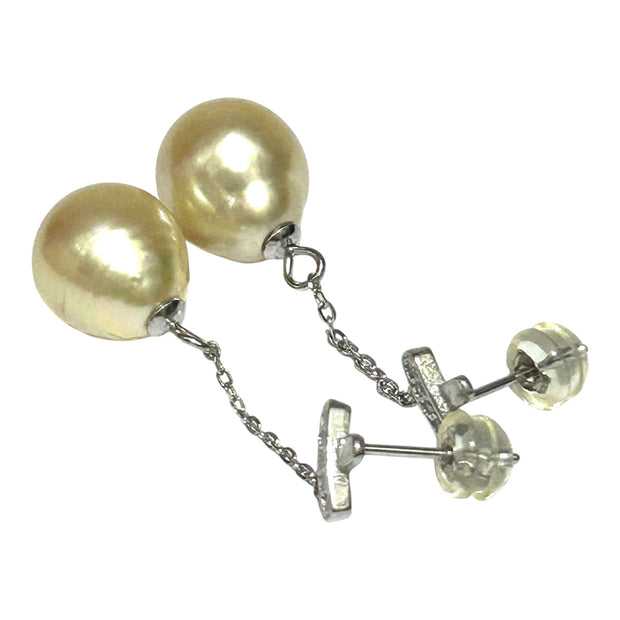 Oval 10.2 x 11.5mm Pale Gold South Sea Pearl Dangle Earrings