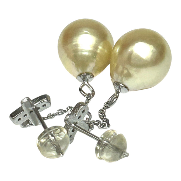 Oval 10.2 x 11.5mm Pale Gold South Sea Pearl Dangle Earrings