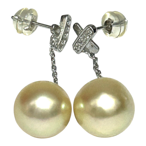 Oval 10.2 x 11.5mm Pale Gold South Sea Pearl Dangle Earrings