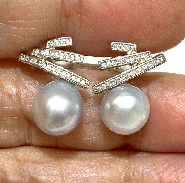 Stunning 8.5 × 9mm Silver White Indonesia South Sea Pearl Earrings