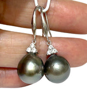 Luxury 11.2 × 12mm Tahitian South Sea Peacock Gray Green Dangle Earrings