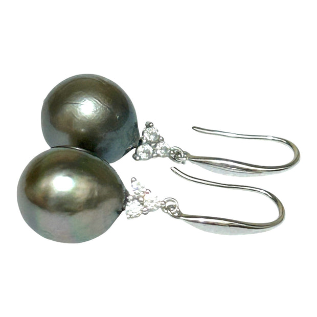 Luxury 11.2 × 12mm Tahitian South Sea Peacock Gray Green Dangle Earrings